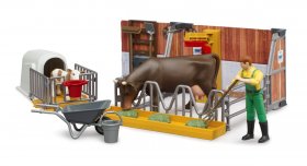 bworld cow and calf barn w farmer (BRUDER-62611)